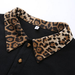 Turn-down Collar Leopard Printed Tshirt