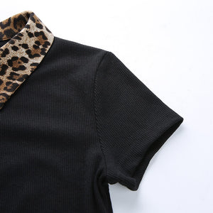 Turn-down Collar Leopard Printed Tshirt